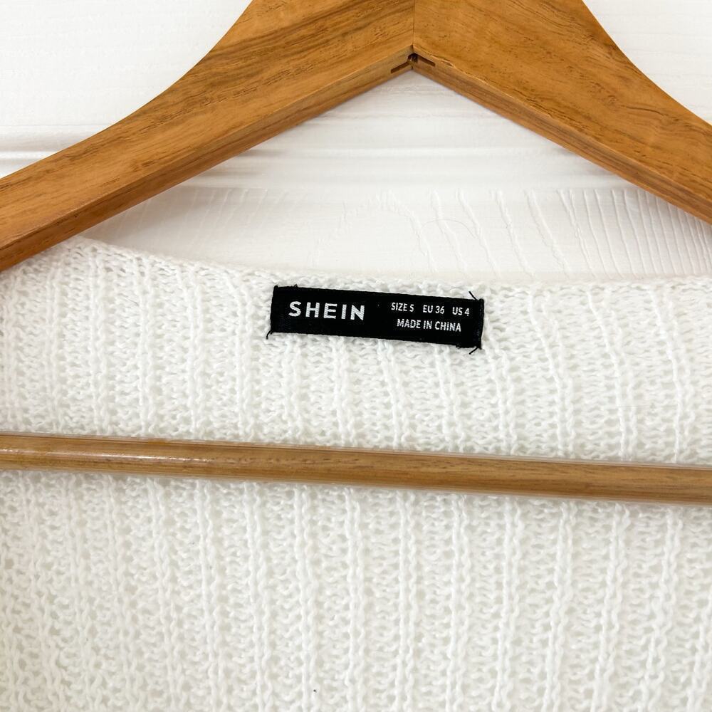 SHEIN White Knit Drawstring Crop Sweater V Neck Long Sleeve Pullover EUC Sz S - Picture 5 of 8